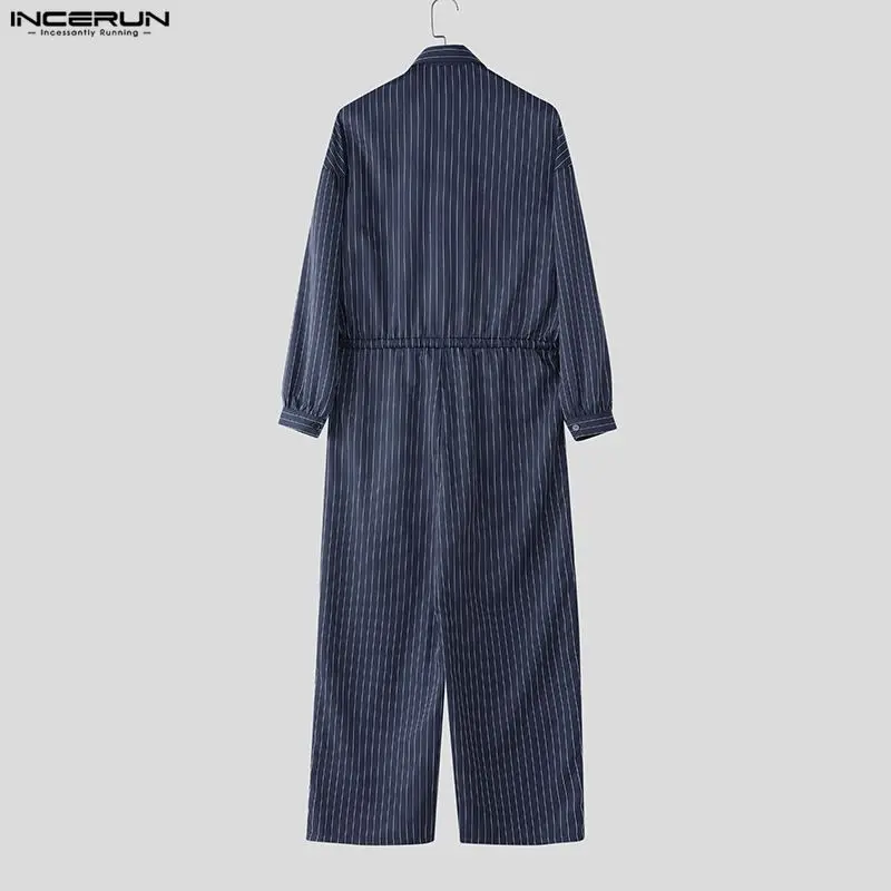 INCERUN Men Jumpsuits Striped Lapel Long Sleeve Drawstring Joggers Rompers Streetwear Loose Fashion Casual Male Overalls Pants
