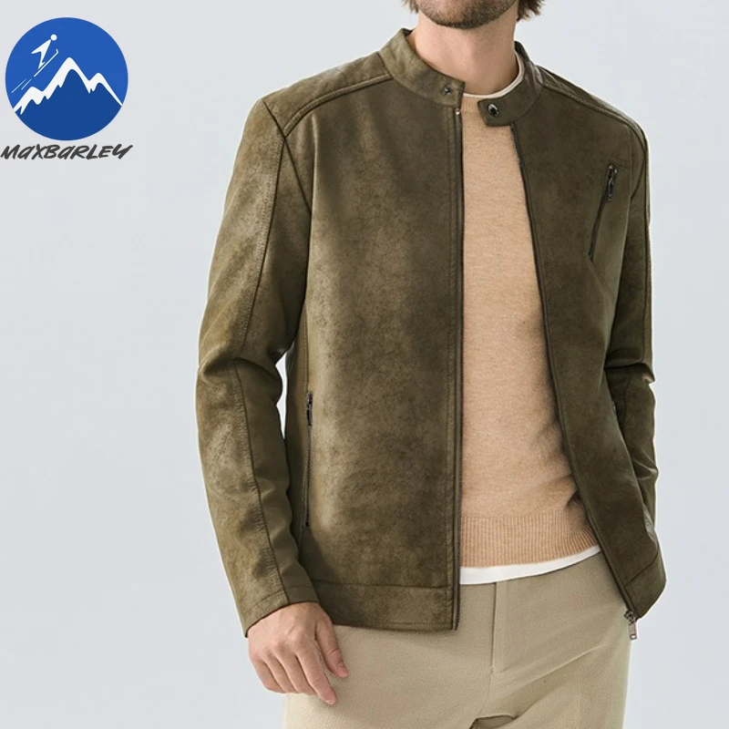 Maxbarley 2025 New Leather Jacket Top Layer Retro Tie Dye Leather Clothes Mens Stand Collar Motorcycle Riding Coat Autumn Youth