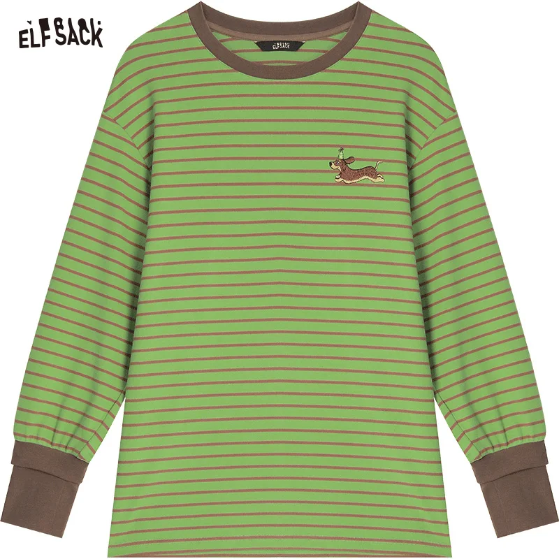 ELFSACK 2024 Winter New Arrivals Dog embroidered green striped loose long sleeved t-shirt for women