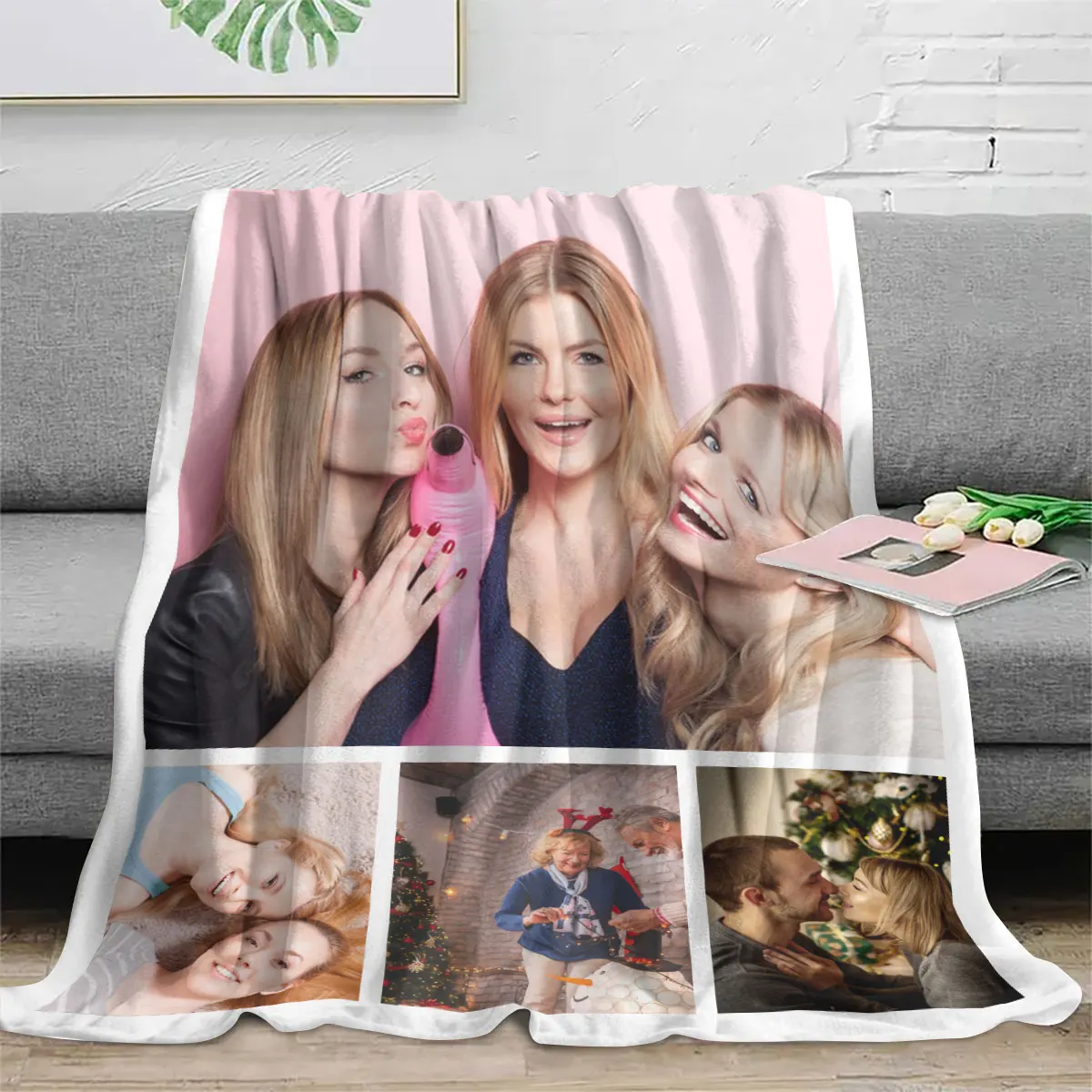 1Pc Customized Four-Grid Personalized Blanket to Witness Love and Gift to Your Loved One - High-Definition Photo Printed on Flannel Blanket, Soft and Warm, Suitable for Sofa, Bed, Office, Car, and Outdoor Travel - Perfect for All Seasons, Halloween, Thanksgiving, Birthdays, Weddings, Couples, Valentine's Day, Graduation, Parties, and Holidays, Ideal as a Gift for Men and Women
