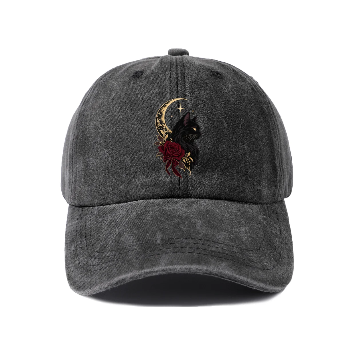 Black Cat Crescent Moon Roses Graphic Vintage Washed Baseball Cap, Adjustable Unisex Dad Hat, Casual Gift