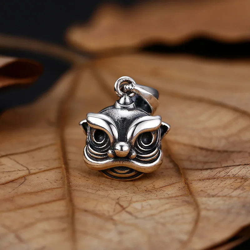 S925 Sterling Silver Lion Dance Pendant Black Color Old Process Small Charm Design Unisex Fine Jewelry FYNE375