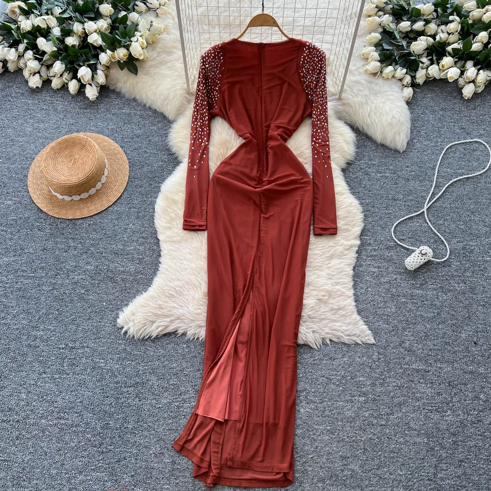 Clothland mujeres Rhinestone brillante Maxi Vestido cuello redondo manga larga elástico ajustado Mujer Chic Vestido de noche largo Vestido QE276