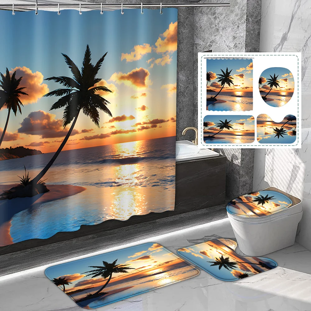 

1 комплект полиэстеровых занавесок для душа с принтом кокосовой пальмы, естественный стиль, с пластиковыми крючками и ковриками для ванной комнаты