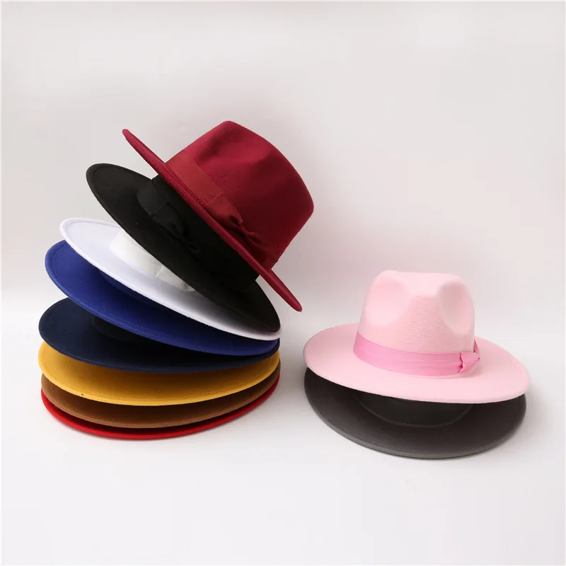 Autumn Winter Womens Felt Hat Bow Tie Fedoras Hats for Women British Style Vintage Church Hats Lady Trilby Jazz Cap