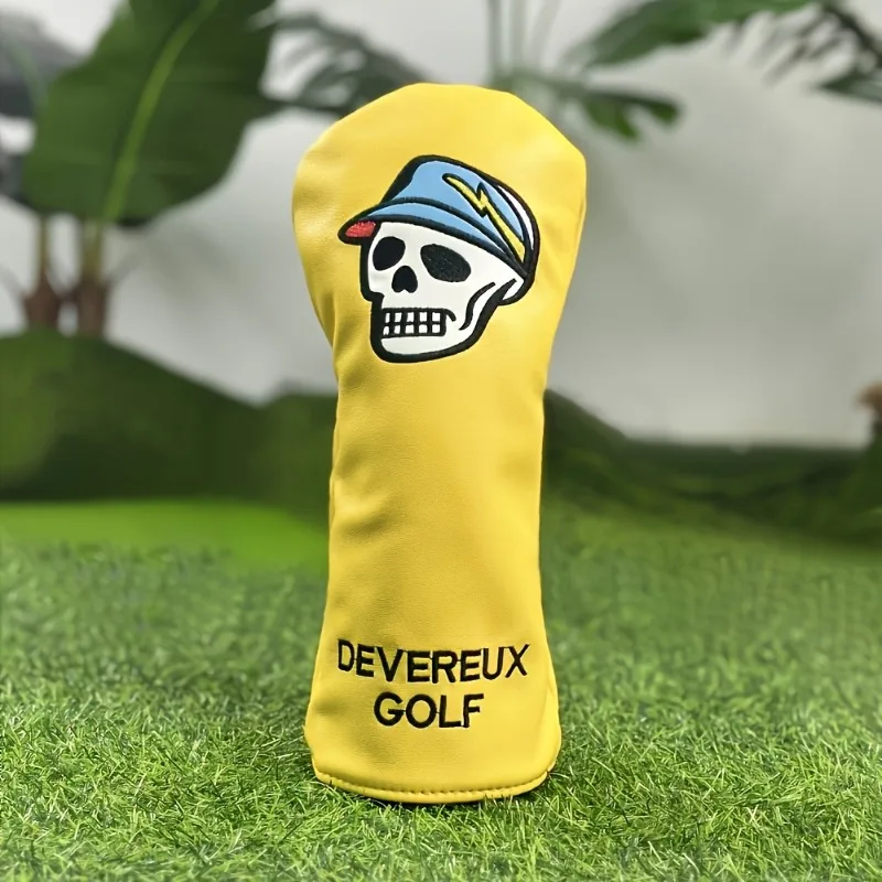 노란색 골프 보호 케이스, 해골 및 모자 패턴 디자인, 향상된 클럽 보호, 골프 액세서리, PU 소재
