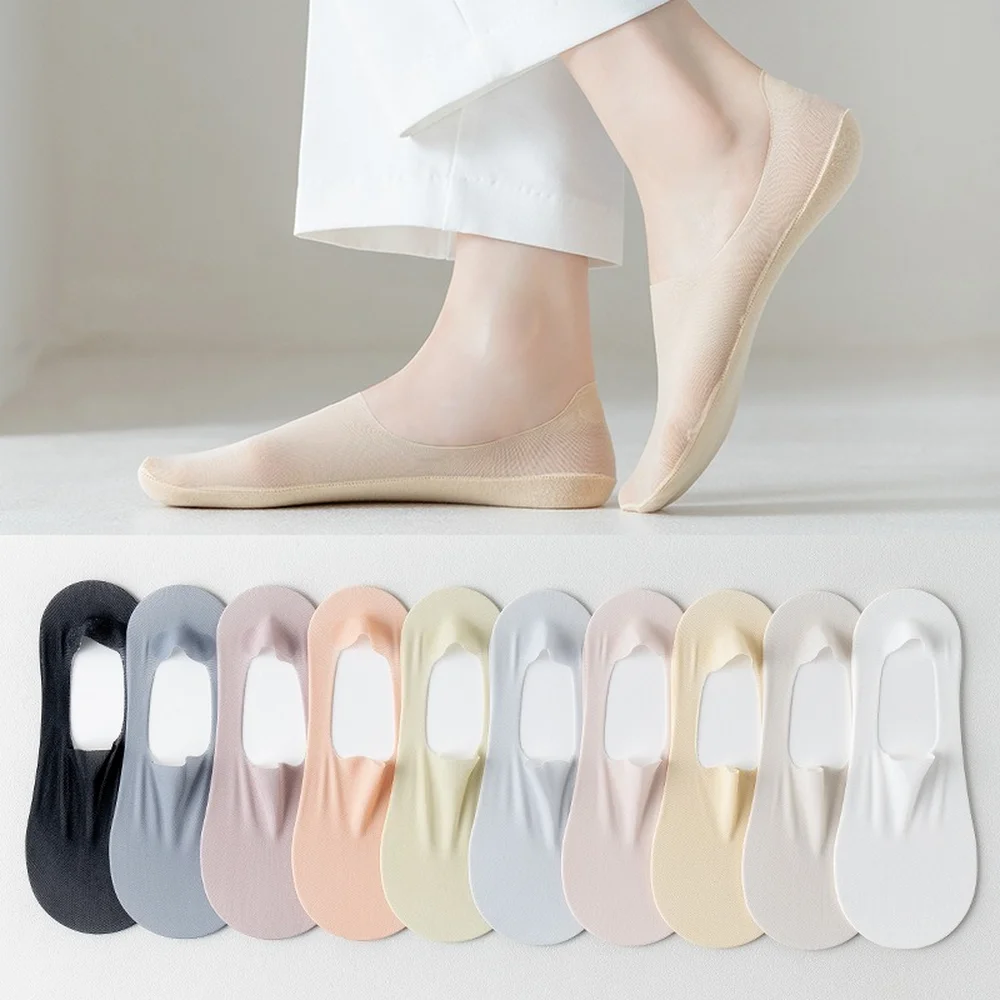 4 Pairs Summer Women Socks Ultra-thin Ice Silk Mesh Socks Silicone Anti-slip Invisible Cotton No Show Sock Slippers Boat Socks