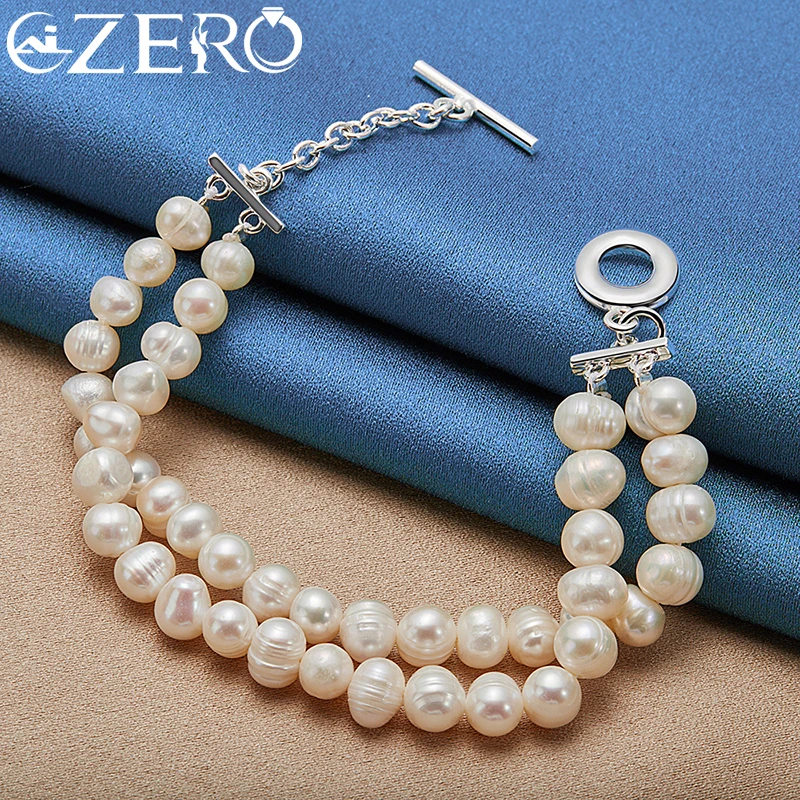 ALIZERO 925 Sterling Silver Double Row Artificial Pearls Bracelet For Women Wedding Engagement Party Jewelry Fashion Accessories