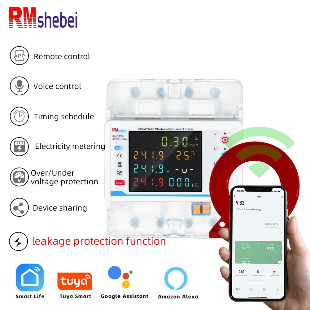 

RMshebei 100A Smart Multifunction Energy Meter 3Phase4Wire Earth Leakag Circuit Breaker Wifi Photovoltaic Bidirectional Metering