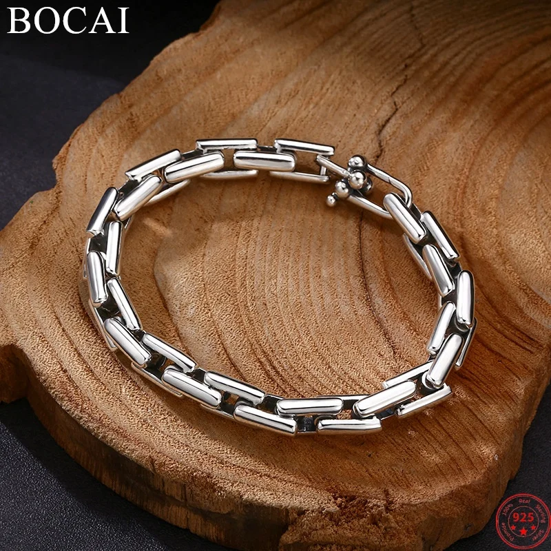 

BOCAI S925 Sterling Silver Bracelets for Women Men New Fashion Domineering Thick Square Bamboo-chain Punk Jewelry Free Shipping