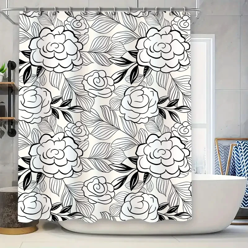 

Stylish Black White Floral Print Shower Curtain Waterproof Bathroom Decor for Home Living Room or Hotel Spa!