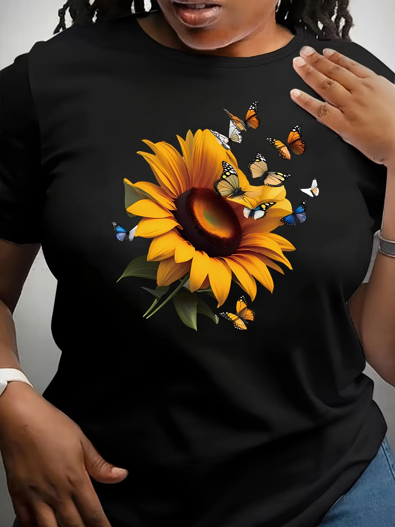 Women Black Sunflower Butterfly Print T-Shirt Semi Formal Top Vibrant Yellow Sunflower Brown Butterfly Design Aesthetic Clothes