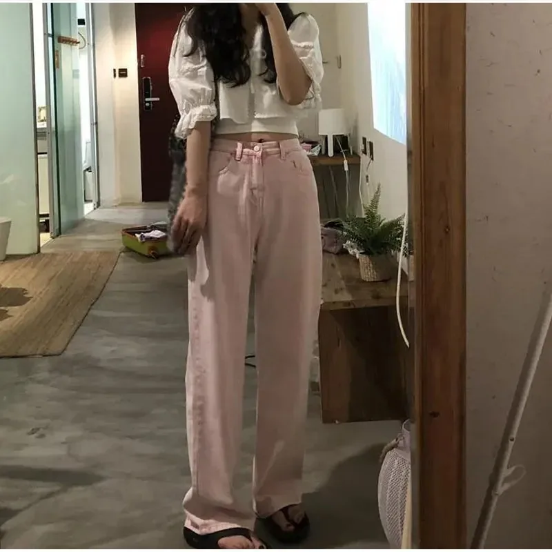 Y2K Vintage Pink Wide Leg Straight Jeans New Spring Women Harajuku High Waist Loose Oversized Denim Trousers E Girl Pants Women