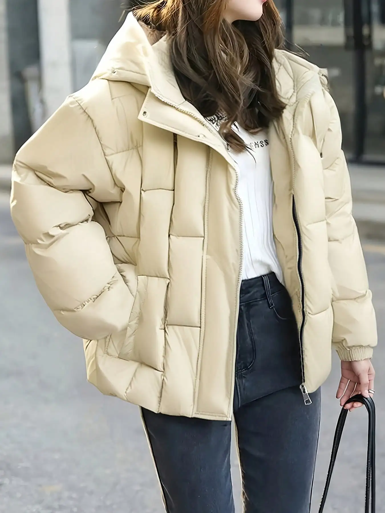 

Women's Beige Quilted Hooded Puffer Jacket, Loose Fit Warm Winter Coat