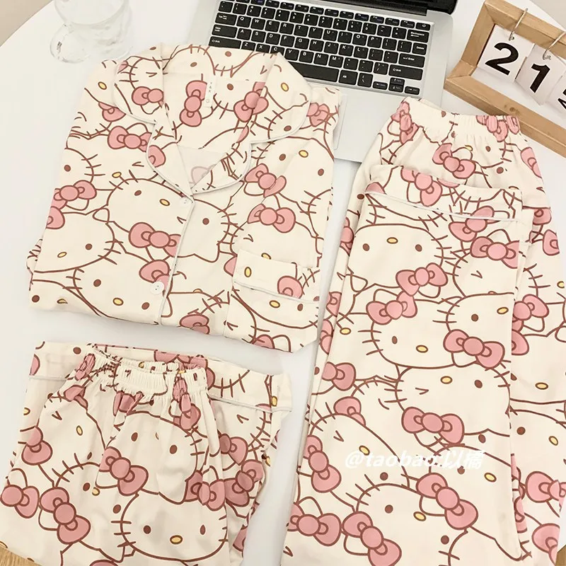 

3Pcs Hello Kitty Cotton Pajamas Suit Sanrioed Cartoon Cinnamoroll Loose Nightwear Cute Melody Comfortable Casual Girls Homewear