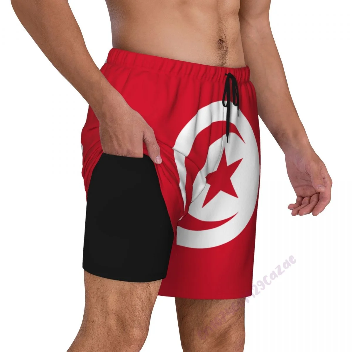 Tunisia Country Flag 3D Mens Swimming Trunks With Compression Liner 2 in 1 Quick-Dry Swim Shorts With Pockets for Summer Gift