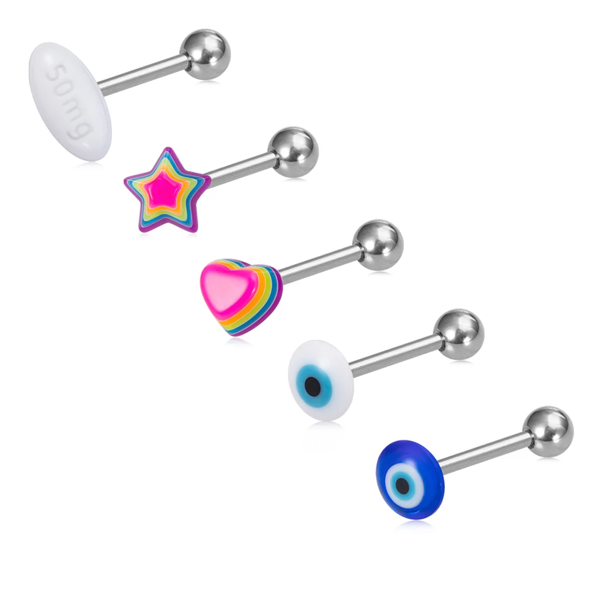 1/5pcs Acrylic Pill Tongue Rings Rainbow Heart Star Tongue Piercing Barbell Stainless Steel Body Jewelry 14G