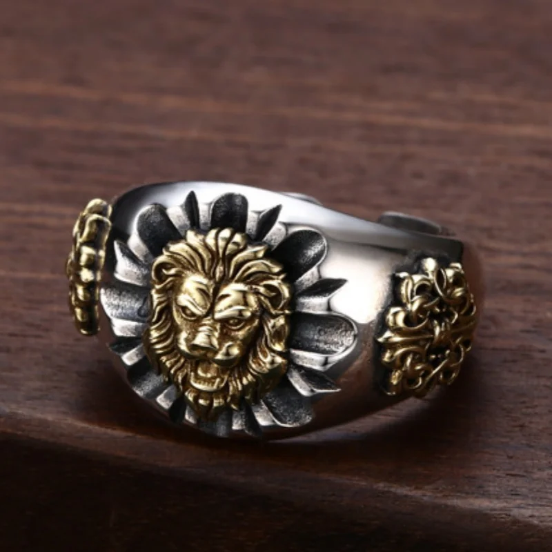 Genuine S925 Sterling Silver Rings for Men New Fashion Contrast Colors Lion Head Eternal Vine Pattern Punk Jewelry Wholesale