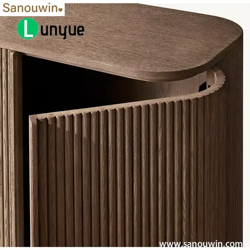 Modern Mulholland Style Fluted Solid Oak Side Cabinet 4 Door Luxury Buffet Server for Dining Room Restaurant Storage