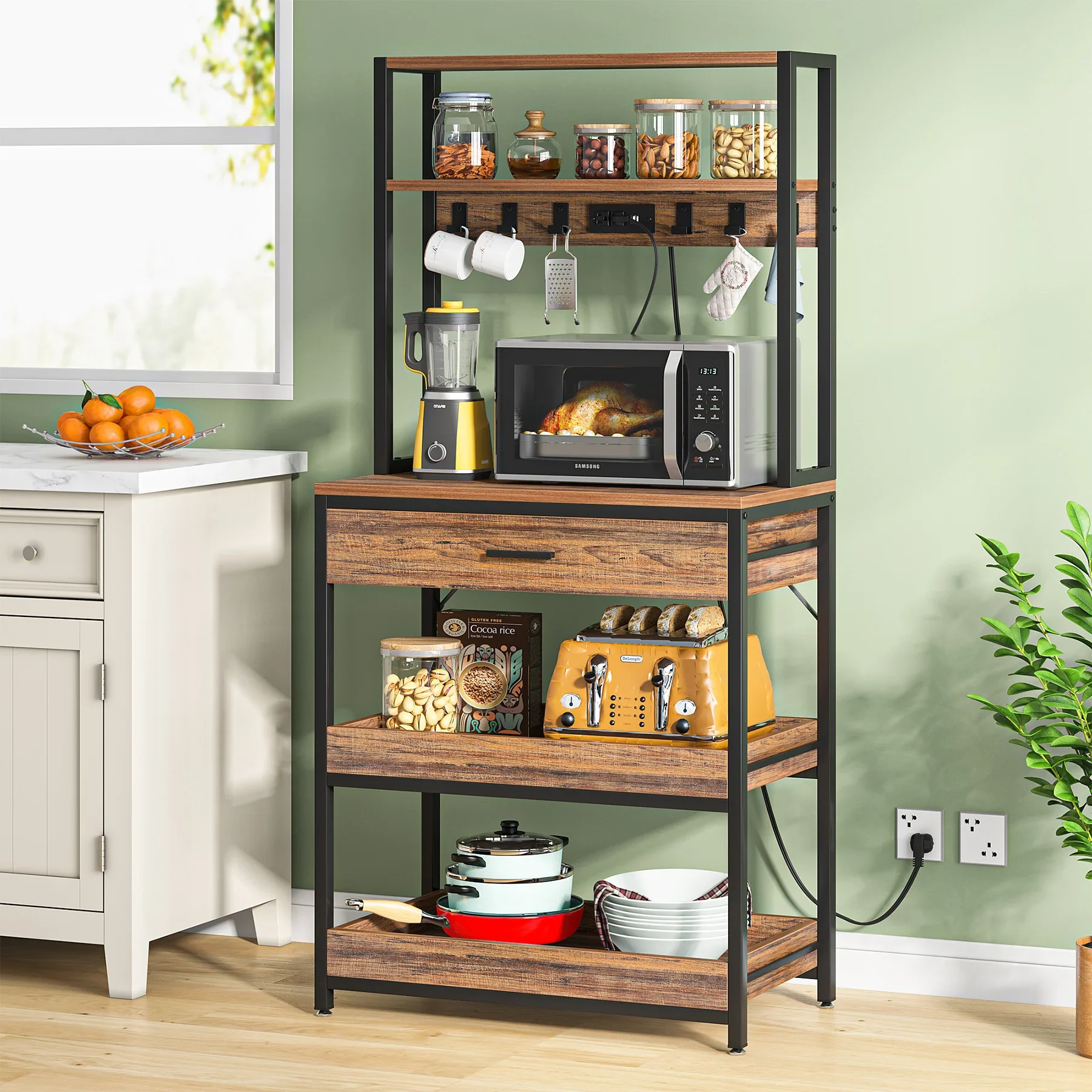 

Tribesigns Kitchen Bakers Rack with Power Outlets, 5-Tier Microwave Oven Stand with Drawer and Sliding Shelves, Kitchen Shelf