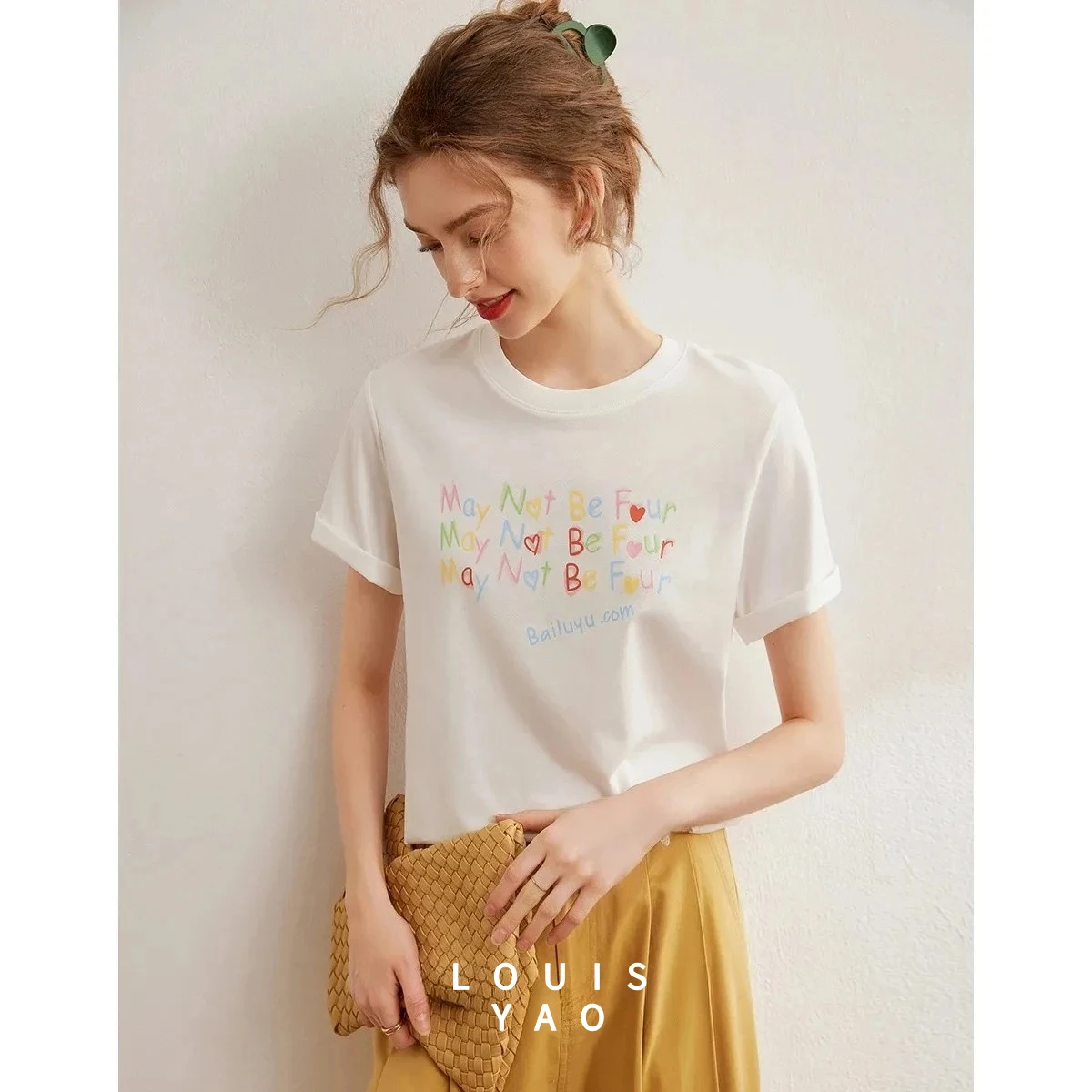 

LOUISYAO Women Color Letter Print T-shirt 2025 Summer 100% Cotton Tee O Neck Short Sleeve Basic Loose Top Chic Street