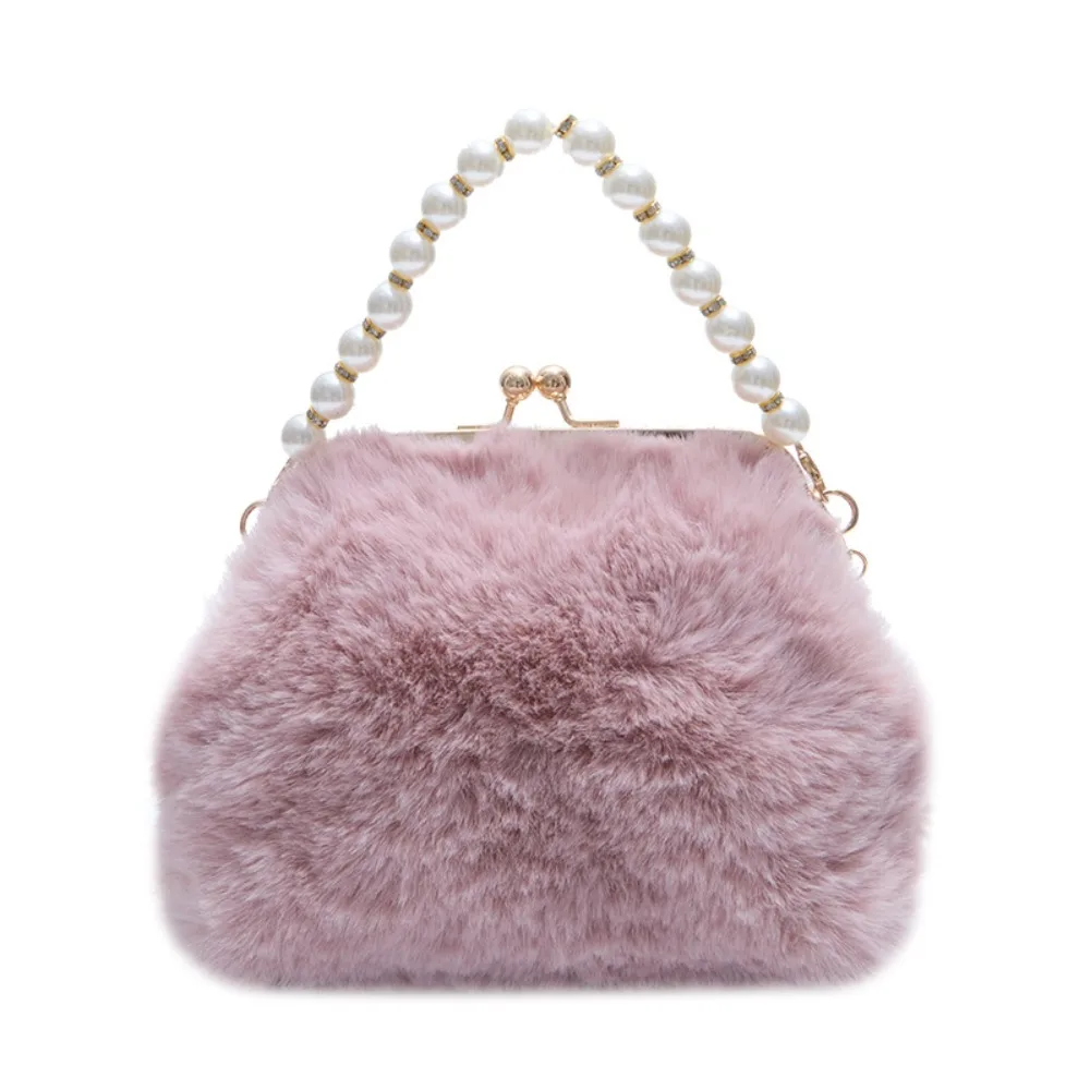 

Trendy Pearl Evening Bag Kiss Lock Cheongsam Accessories Faux Fur Plush Handbag Fluffy Elegant Shell Crossbody Bag Lady