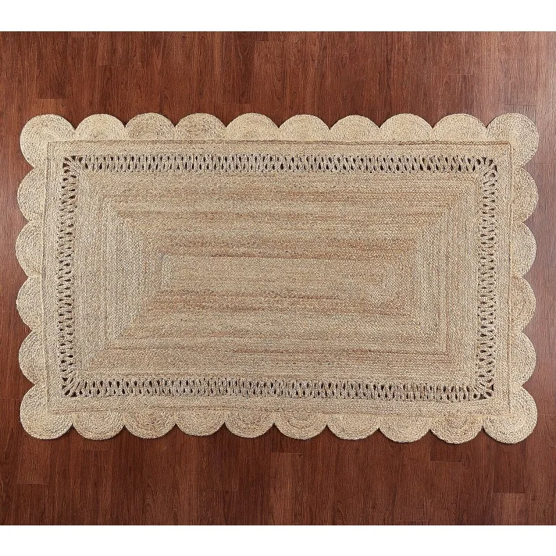 Rugs Jute Braided Style Mat Scalloped Edge Rectangle Carpet Modern Area Rugs