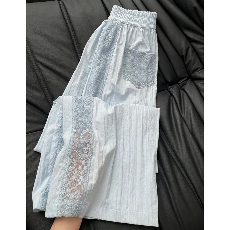 

Blue Lace Patchwork Hollowed Out Streetwear Wide Leg Pantalones Women Summer High Waist Loose Slimming Sports Casual Sweatpants