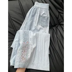 Blue Lace Patchwork Hollowed Out Streetwear Wide Leg Pantalones Women Summer High Waist Loose Slimming Sports Casual Sweatpants