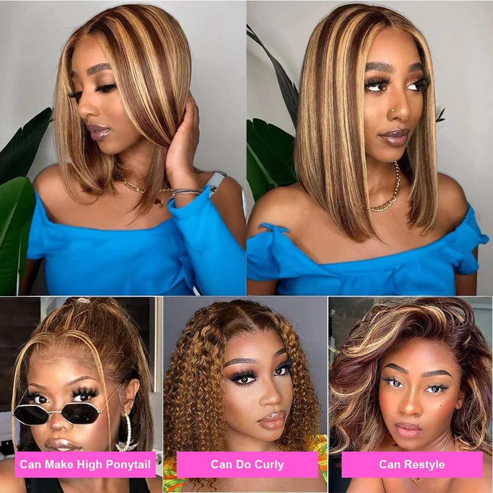 Perruque Bob Lace Frontal Wig sans colle, cheveux naturels lisses, courts, à reflets, P4/27, couleur 7x5, 13x4, HD, prêtes à porter