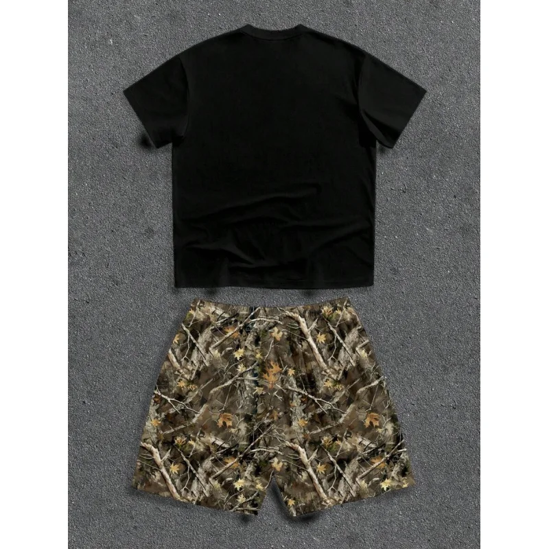 Men's Summer Casual Eye & Cross Print Short Sleeve T-Shirt And Branch Print Drawstring Waist Shorts Set