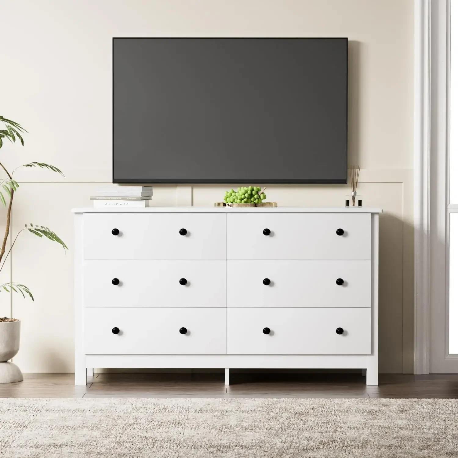 Modern 6 Drawer Double Dresser for Bedroom Adults & Kids with Black Pulls, Wide Dressers & Chests of Drawers, 6 Drawer Dressers