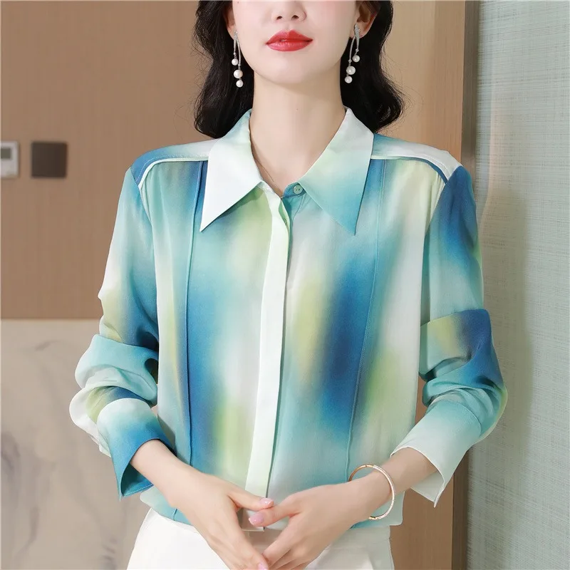 Print Women's Blouses Korean Shirts Patchwork Slim Fit Spring/Summer Vintage Clothing Satin Long Sleeve Women Tops
