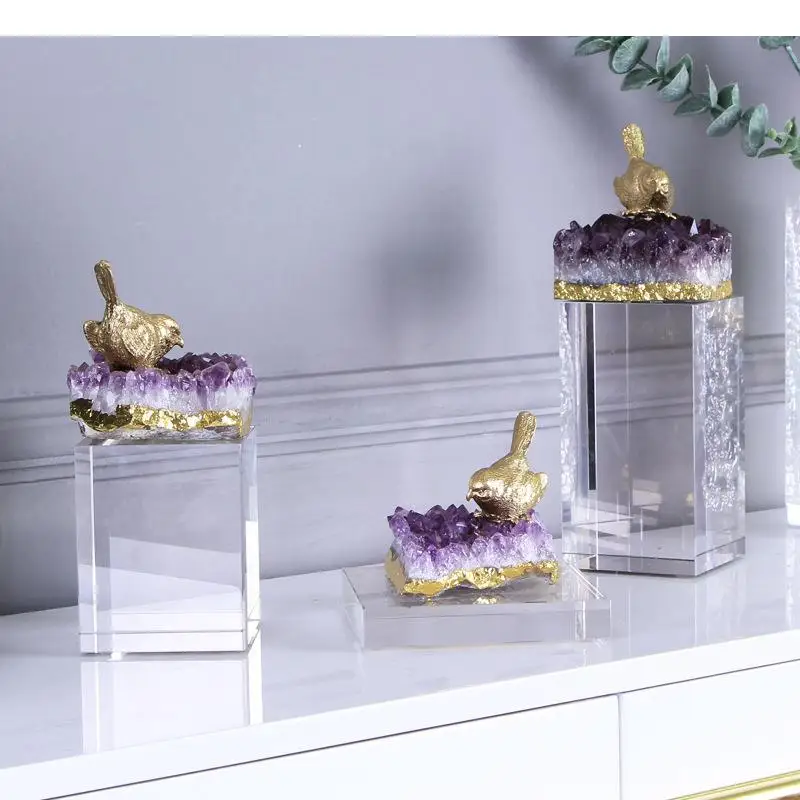 

Purple Crystal Crafts Ornaments Brass Bird Sculpture Abstract Living Room Furnishings Desk Decoration Artwork Statue