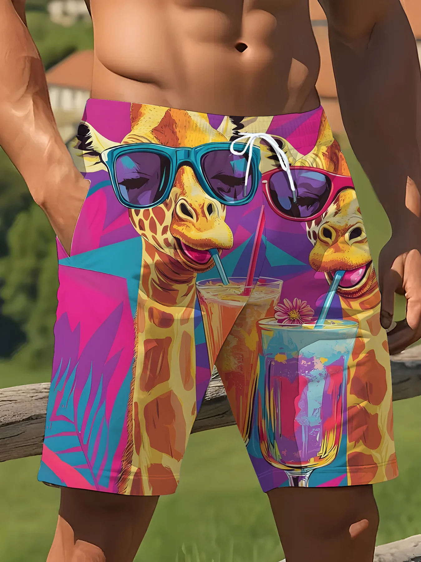 Mens Fun Giraffe Drink Print Quick Dry Board Shorts Elastic Drawstring Swim Trunks Summer Beach Outdoor Casual Outfit