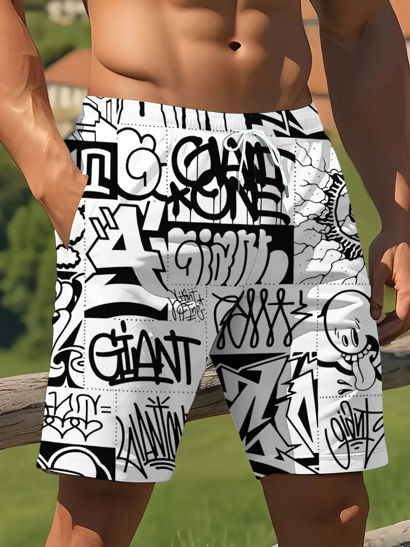 Men Summer Beach Shorts Black White Street Graffiti Comic 3D Print Drawstring Quick Dry Swim Trunks Board Shorts