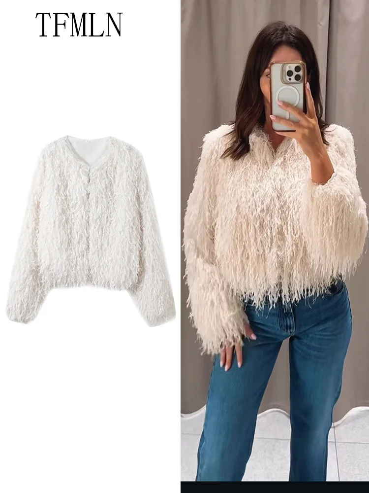 

Luxury 2025 Autumn Women Faux Fur Jackets Fashion Chic O-neck Full Sleeve Short Outwear Tops Elegant Female Party Solid Coats