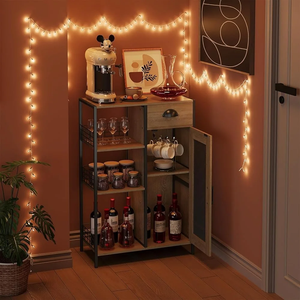 3 Tier Coffee Stand with Drawer Adjustable Shelf Farmhouse Storage Table Kitchen Dining Corner Bar