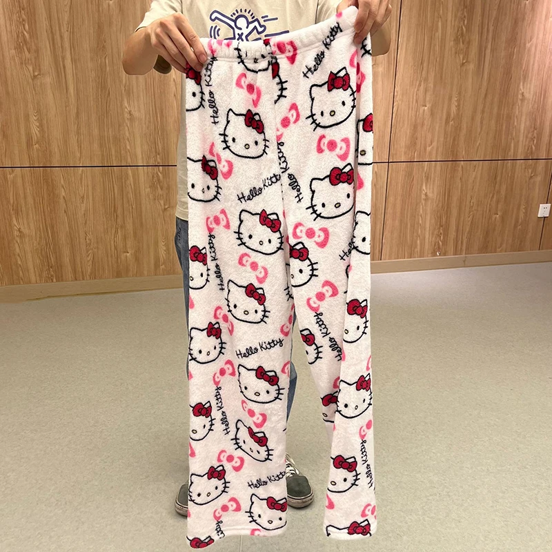 Sanrio Hello Kitty Pajamas Pants Kawaii Anime Autumn Winter Warm Home Clothes Multi-Style Y2K Flannel Casual Trousers Girl Gift