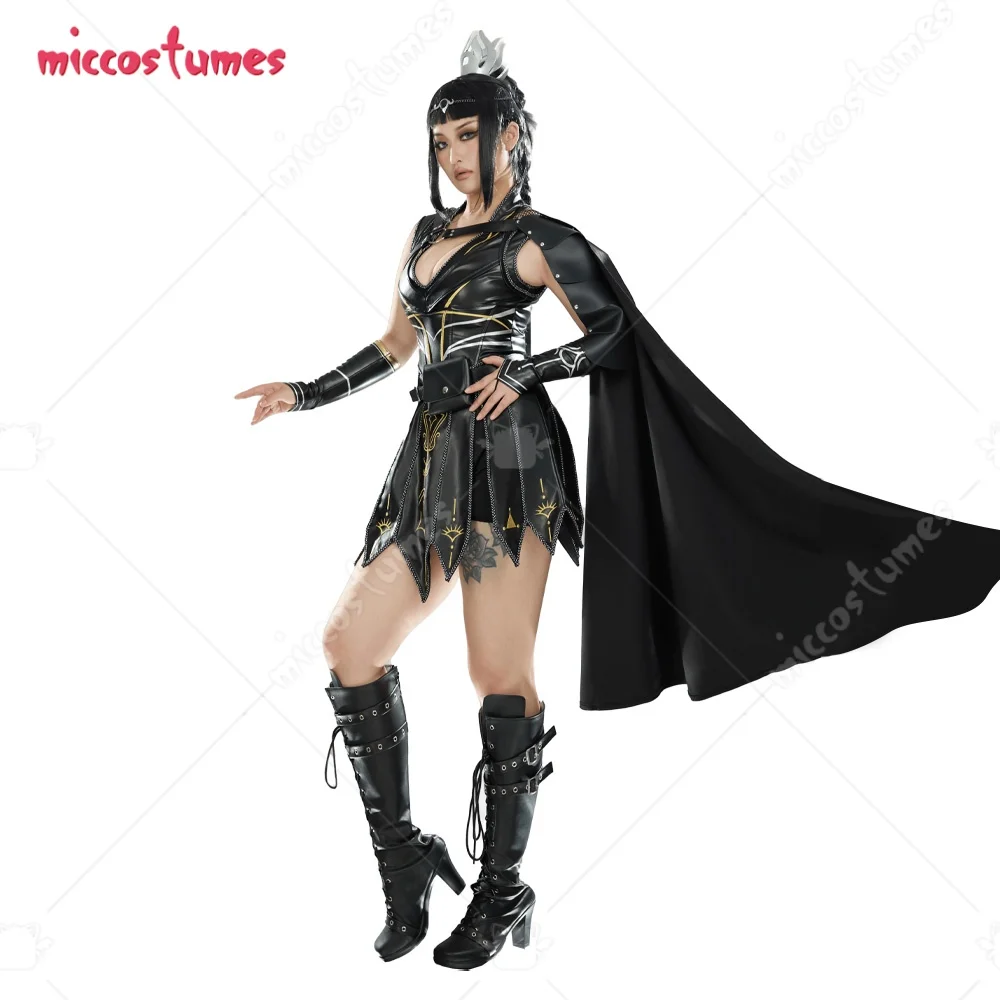 

Miccostumes Women Shadowheart Derivative Battle Suit Black Deep V Leather Dress with Cape and Bottoms Cosplay Costume