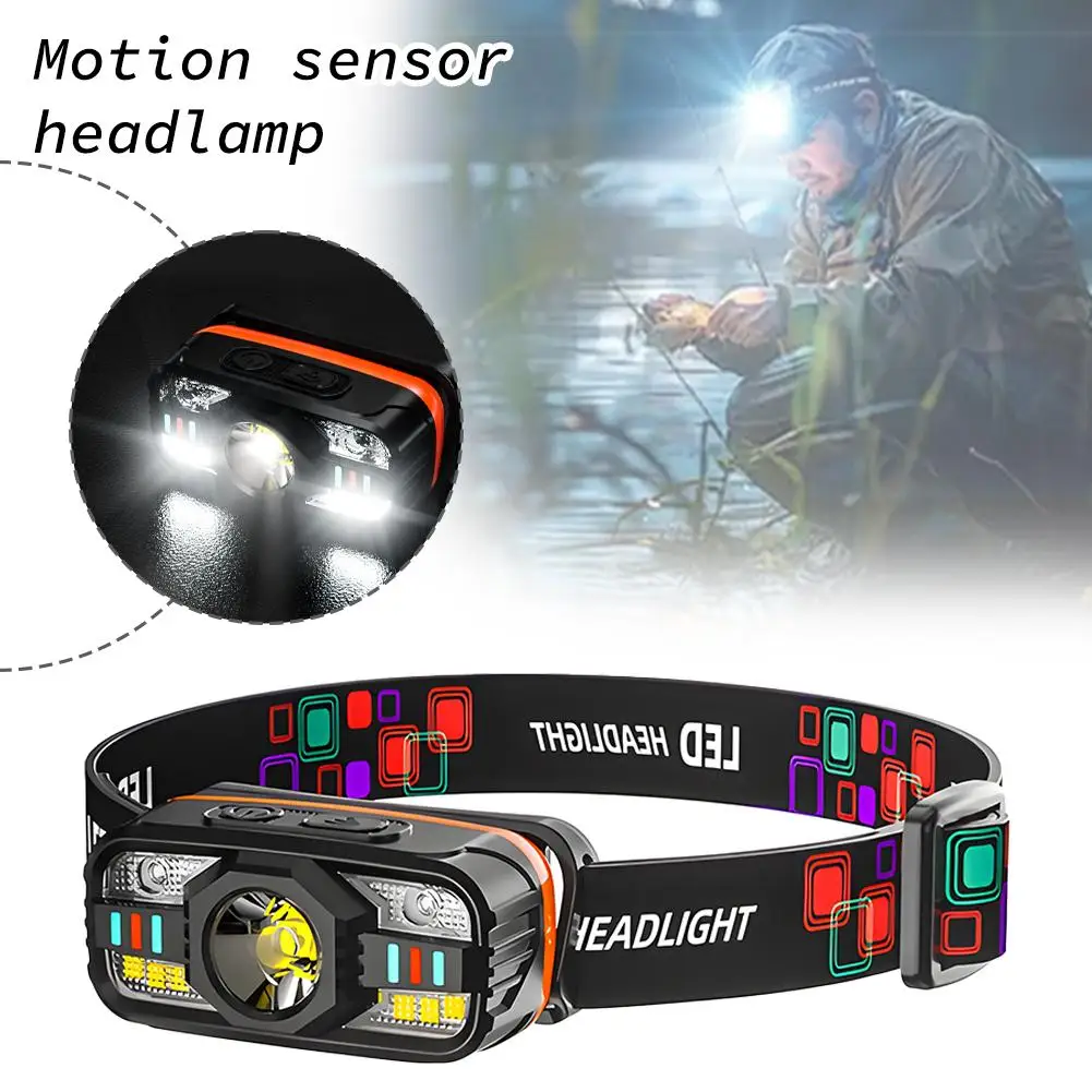 

USB Rechargeable Headlamp Portable Motion Sensor Headlight Head Built-in Torch Battery Light Camping With Flashlight Lamp W1D0