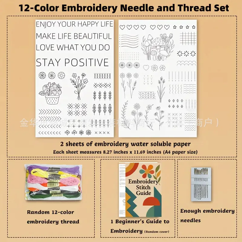 

Stick Stitch Embroidery Stabilizer Transfer Paper with Pre-Printed Pattern Water Soluble Wash Away Hand Sewing Needle Thread Set