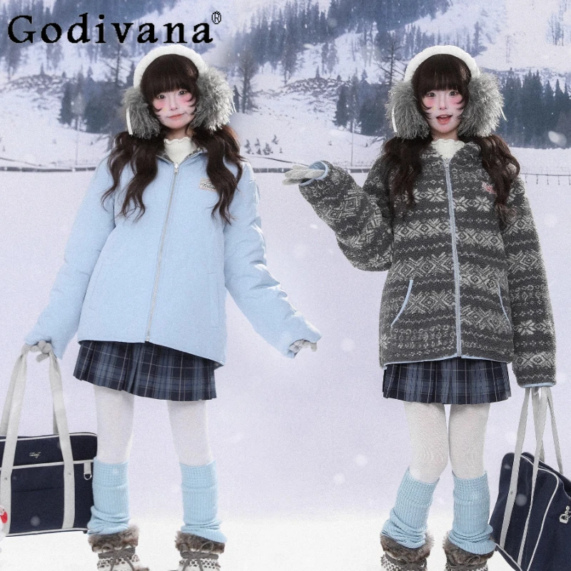 

Hooded Cotton Jacket for Women Winter Japanese Style Thickened Cotton Coat Female Autumn Long Sleeve Loose Blue Parkas