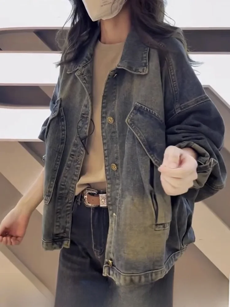 

Large Size Women's Denim ort Jaet Spring Autumn New Sle Commute Sle Loose Fit with kets Button Closure Pure Color