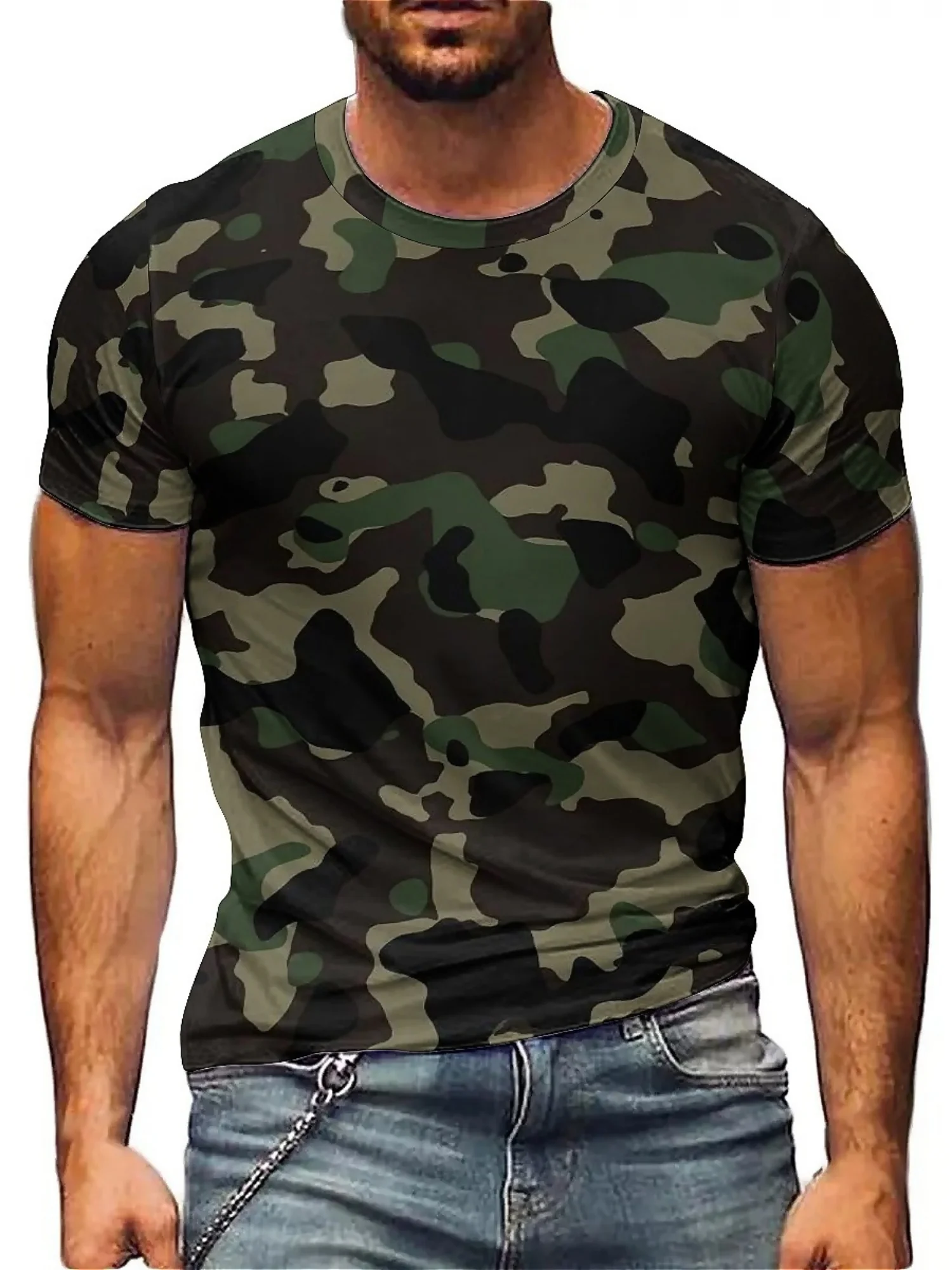 남성용 카모 3D 프린트 반소매 티셔츠 - 통기성, 신축성 있는 원단, 라운드 넥, 흑백 기하학 패턴