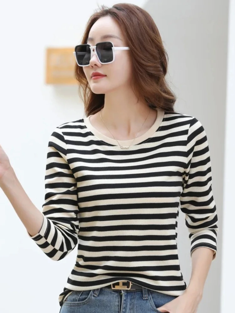 Spring Autumn Women's Knit Striped T-shirts Vintage Long Sleeved Tops Fashion Youthful Elegant Blusas Para Mujer Female Clothing
