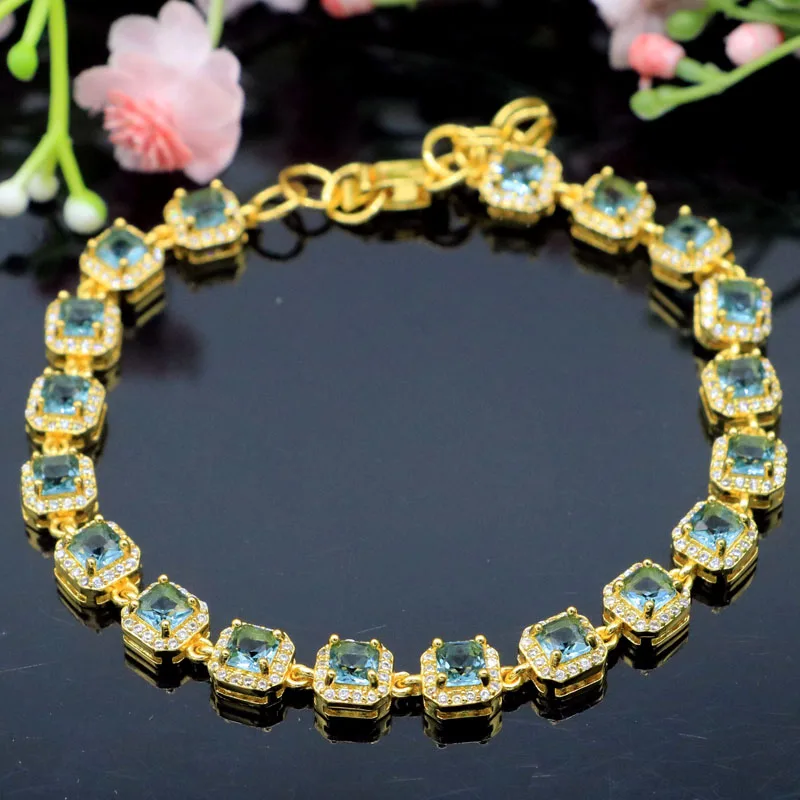 

6x6mm Highly Recommend 12.4g London Blue Topaz White CZ Woman's Present Gold Silver Bracelet 7-8.0inch