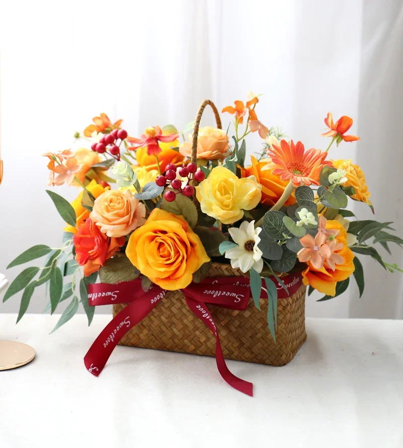 Flower basket weaving rattan basket simulation flower arrangement fake bouquet picnic silk flower living room hotel dinin