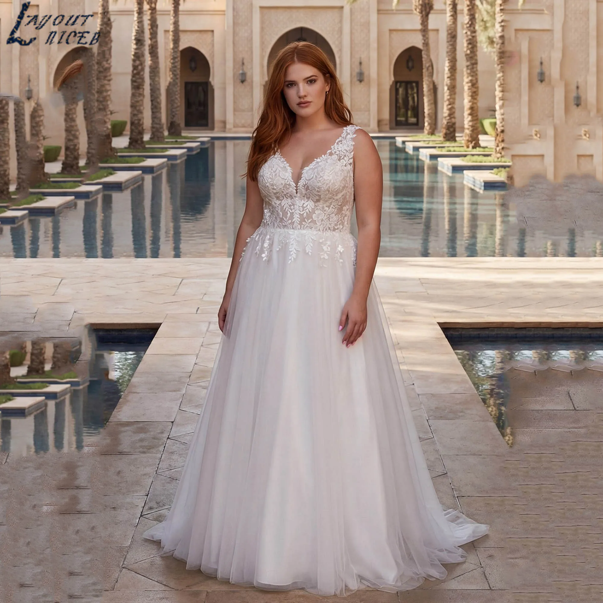 

Свадебное платье из тюля с широкими бретелями, больших размеров, без рукавов, А-силуэт, с V-образным вырезом, с аппликациями, прозрачной спинкой, на заказ