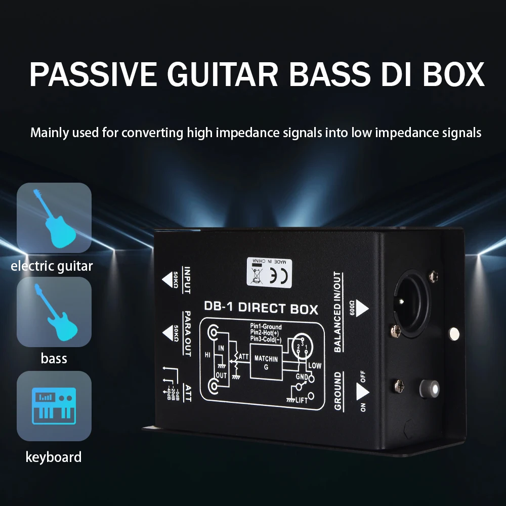 صندوق DI الصوتي السلبي 1-2 قناة، نظام صوت أحادي DI صندوق توصيل مباشر منخفض الضوضاء، مضخم صوت، مكبر صوت، جيتار، باس
